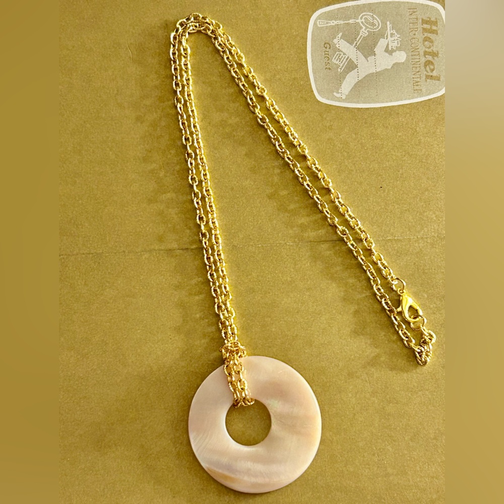 Vintage Necklace Hand-Carved pale pink Mother-of -Pearl donut pendant, 20” chain